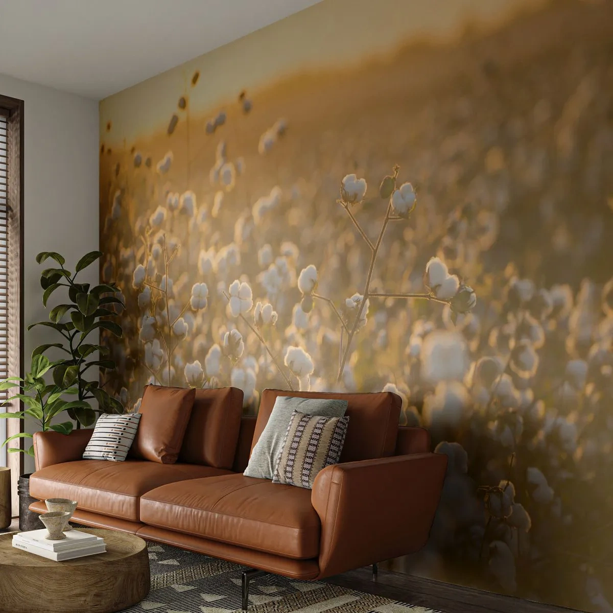 Tapet Standard Eco - Un câmp de bumbac scăldat în lumina caldă a apusului - 100x70cm - Câmp pufos - Decorațiune modernă pentru perete pentru living și dormitor ARTTOR