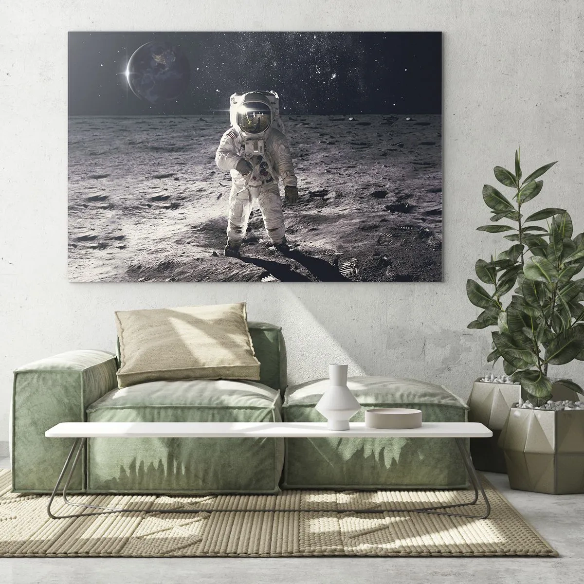Tablou pe sticlă - Astronautul pe suprafața Lunii cu Pământul în fundal - 70x50cm - Salutări de pe Lună - Decorațiune modernă pentru perete pentru living și dormitor ARTTOR