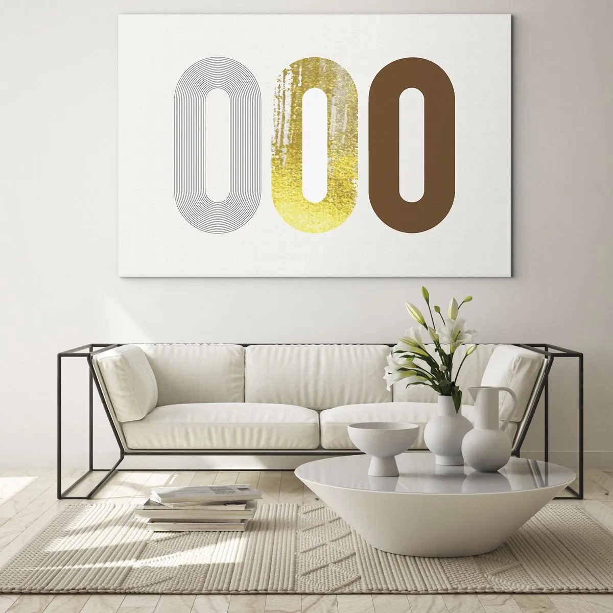 Tablou pe sticlă - Grafică geometrică modernă în aur și bronz - 70x50cm - Ooo! - Decorațiune modernă pentru perete pentru living și dormitor ARTTOR