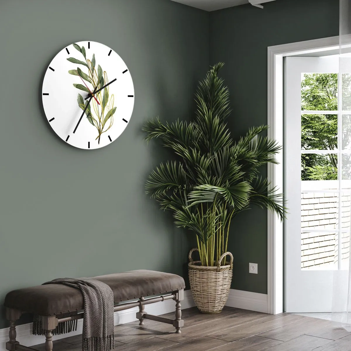 Ceas de perete - Ceas pe sticlă - Acuarelă frunze verzi pe fundal alb cu grafică delicată - 30x30cm - Toate cele bune - Decorațiune modernă pentru perete pentru living, bucătărie și dormitor ARTTOR