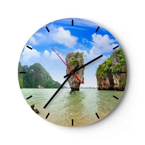 Ceas de perete - Ceas pe sticlă - James Bond Rock pe un cer albastru - 30x30cm - Minuni naturale stâncoase - Decorațiune modernă pentru perete pentru living, bucătărie și dormitor ARTTOR