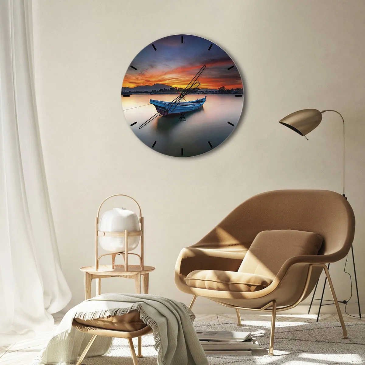 Ceas de perete - Ceas pe sticlă - O barcă pe ape calme la apus - 30x30cm - O noapte bună înainte - Decorațiune modernă pentru perete pentru living, bucătărie și dormitor ARTTOR