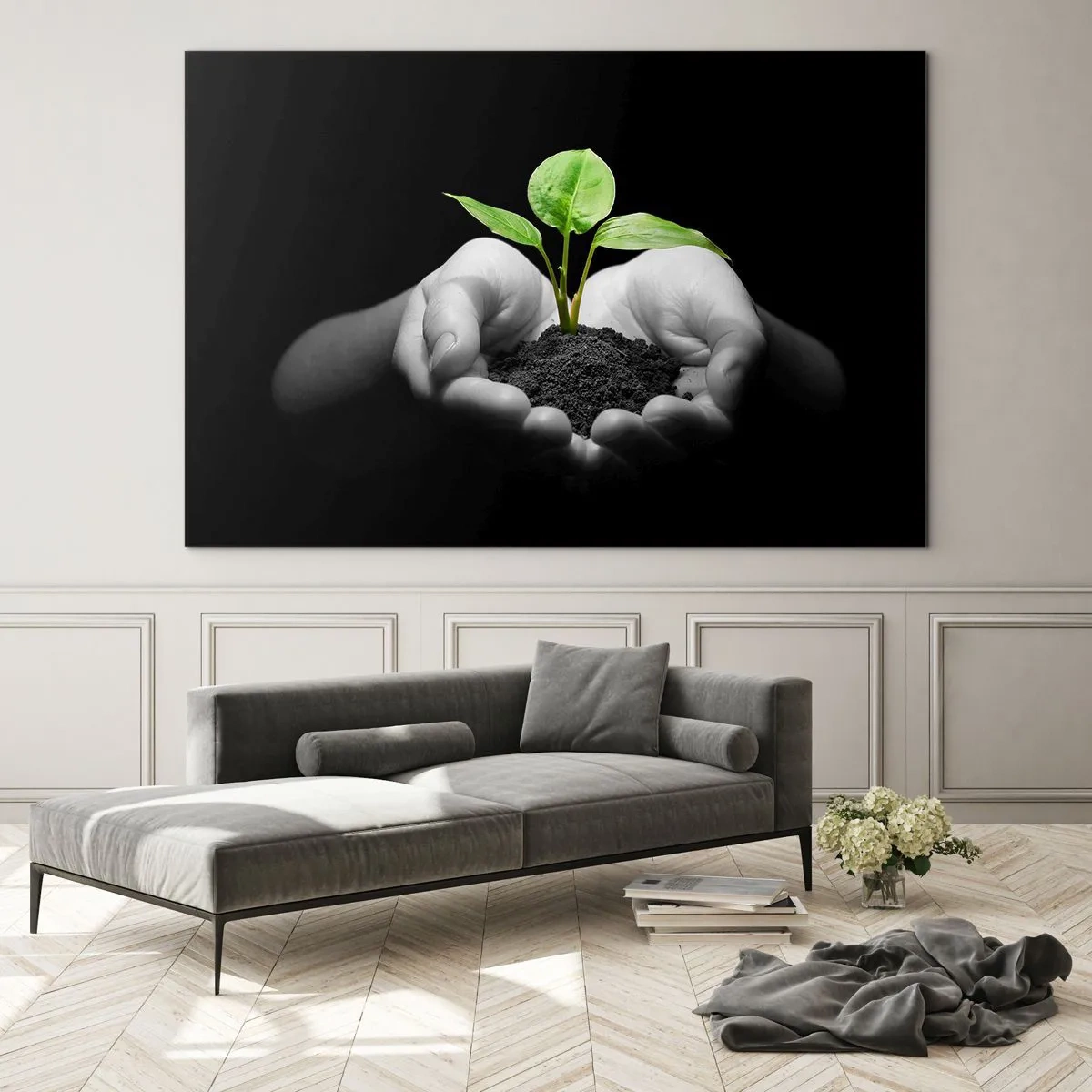Tablou pe sticlă - O plantă tânără în mâini pe un fundal negru - 70x50cm - Iubesc natura, o protejez - Decorațiune modernă pentru perete pentru living și dormitor ARTTOR