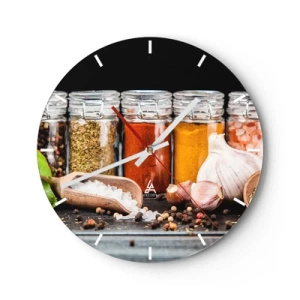 Ceas de perete - Ceas pe sticlă - Condimente colorate în borcane și accesorii de bucătărie - 30x30cm - Pentru a da un gust vieții - Decorațiune modernă pentru perete pentru living, bucătărie și dormitor ARTTOR