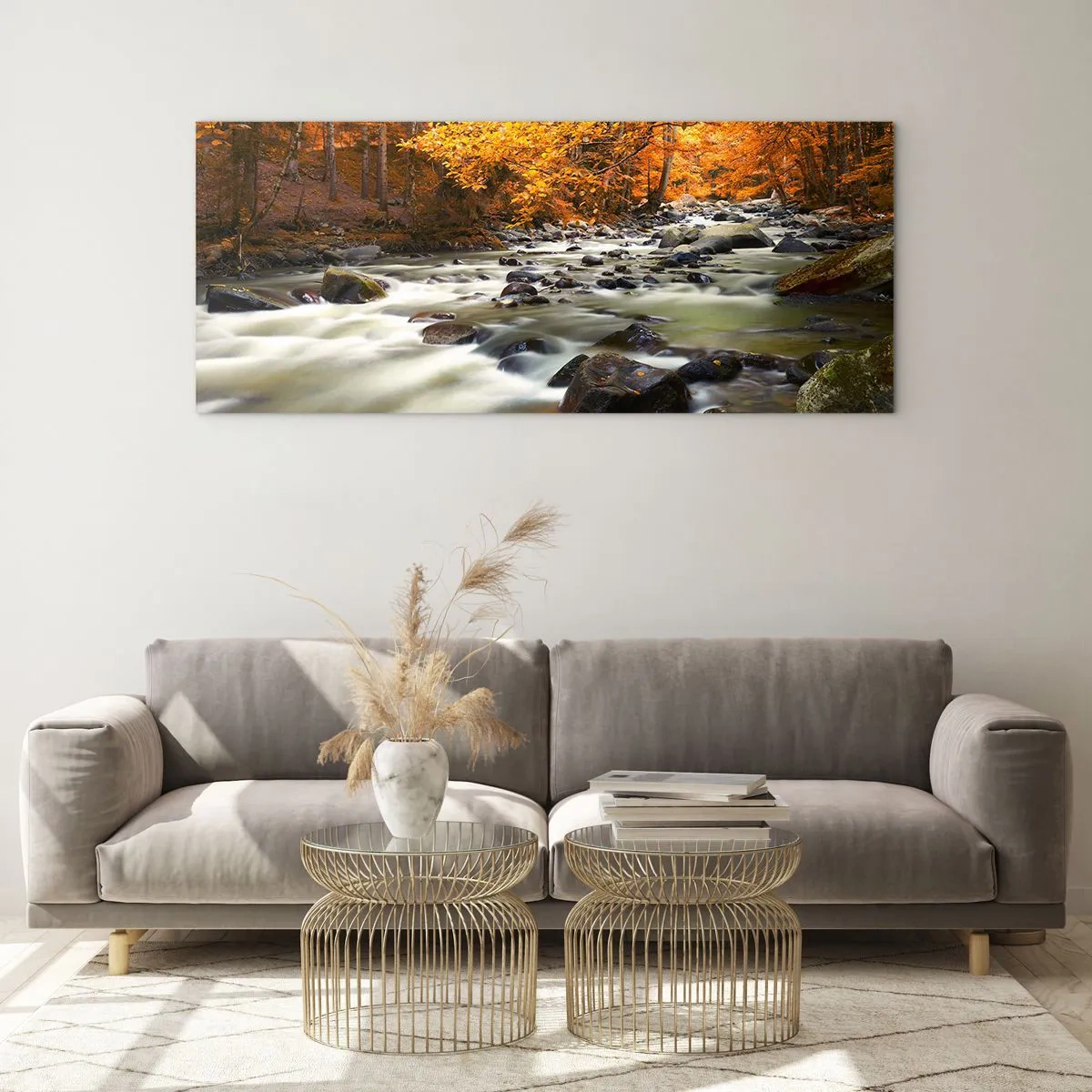 Tablou pe sticlă - Un pârâu într-o pădure de aur - 90x30 cm