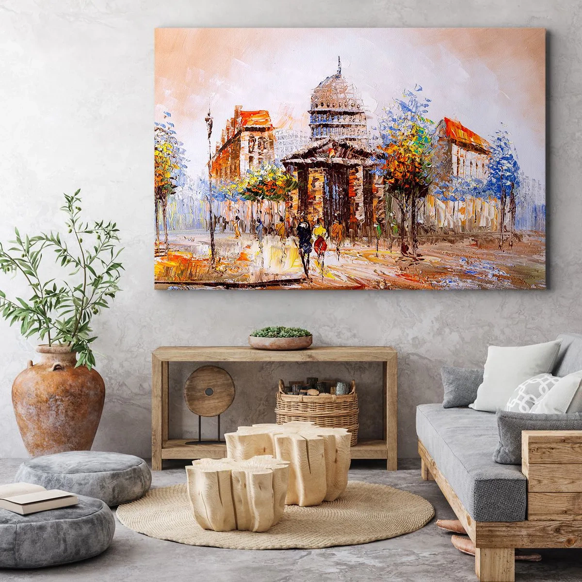 Tablou pe pânză Canvas - Scenă urbană impresionistă cu o clădire istorică - 70x50cm - O plimbare pariziană - Decorațiune modernă pentru perete pentru living și dormitor ARTTOR