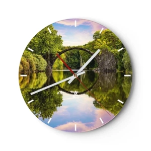 Ceas de perete - Ceas pe sticlă - Podul Rakotzbrücke reflectat în apă - 30x30cm - La punctul de întâlnire a două lumi - Decorațiune modernă pentru perete pentru living, bucătărie și dormitor ARTTOR