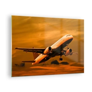 Tablou pe sticlă - Un avion decolează pe un cer portocaliu - 70x50cm - Zbor spre soare - Decorațiune modernă pentru perete pentru living și dormitor ARTTOR