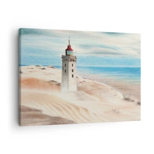 Tablou pe pânză Canvas - Un far înconjurat de dune de nisip și un cer albastru - 70x50cm - Privind mereu marea - Decorațiune modernă pentru perete pentru living și dormitor ARTTOR