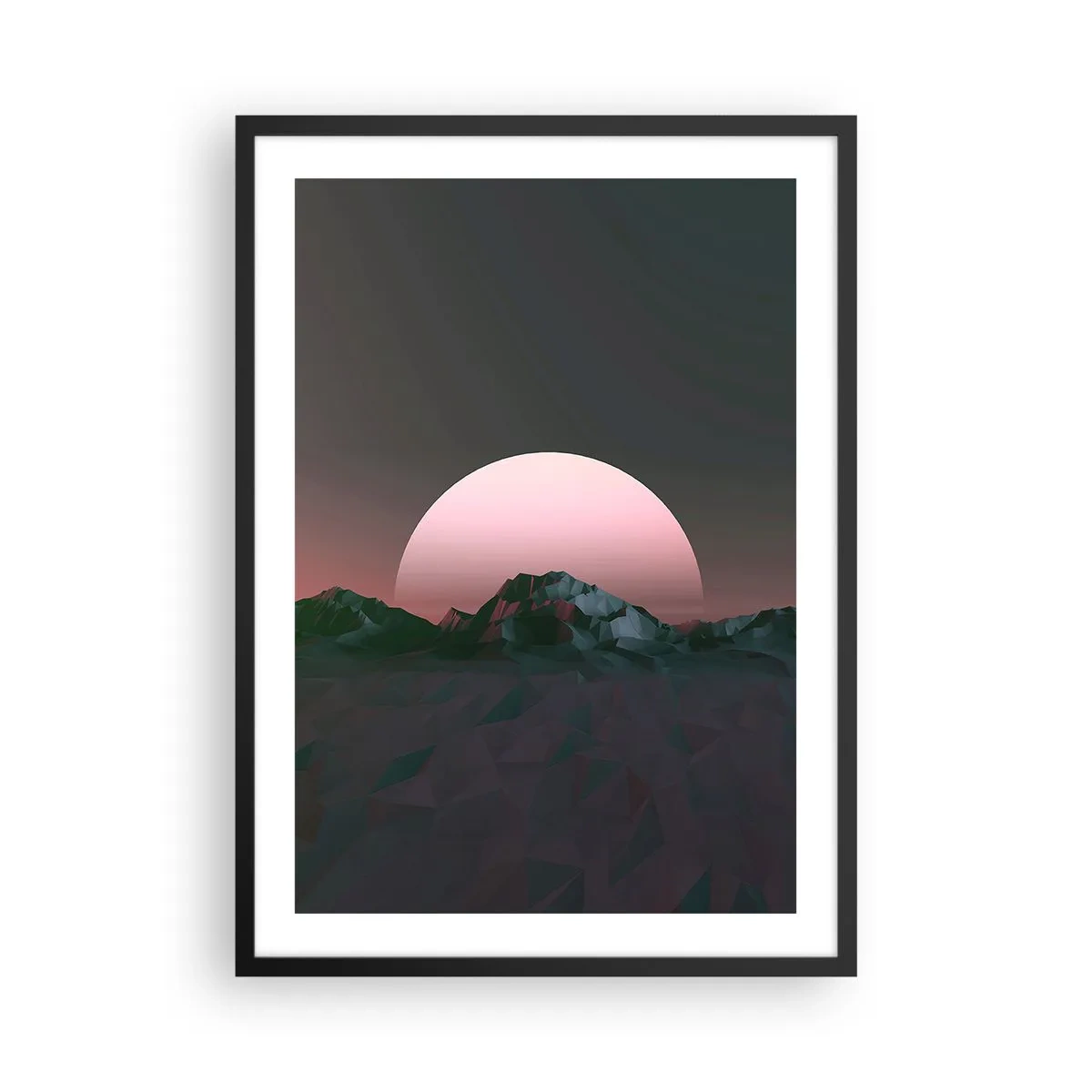 Poster în ramă neagră - Peisaj fantastic cu o lună roz și munți - 50x70cm - Într-o galaxie învecinată - Decorațiune modernă pentru perete pentru living și dormitor ARTTOR