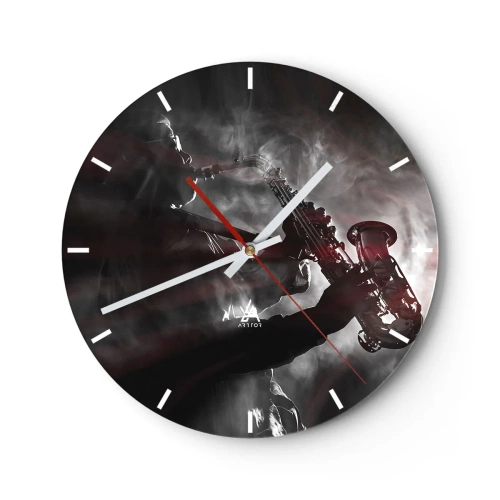 Ceas de perete - Ceas pe sticlă - Saxofonist în fum în stil alb-negru - 30x30cm - În aburul jazzului - Decorațiune modernă pentru perete pentru living, bucătărie și dormitor ARTTOR