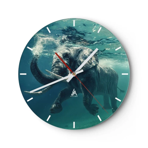 Ceas de perete - Ceas pe sticlă - Un elefant înotând sub apă în mediul său natural - 30x30cm - Tuturor le place să înoate - Decorațiune modernă pentru perete pentru living, bucătărie și dormitor ARTTOR