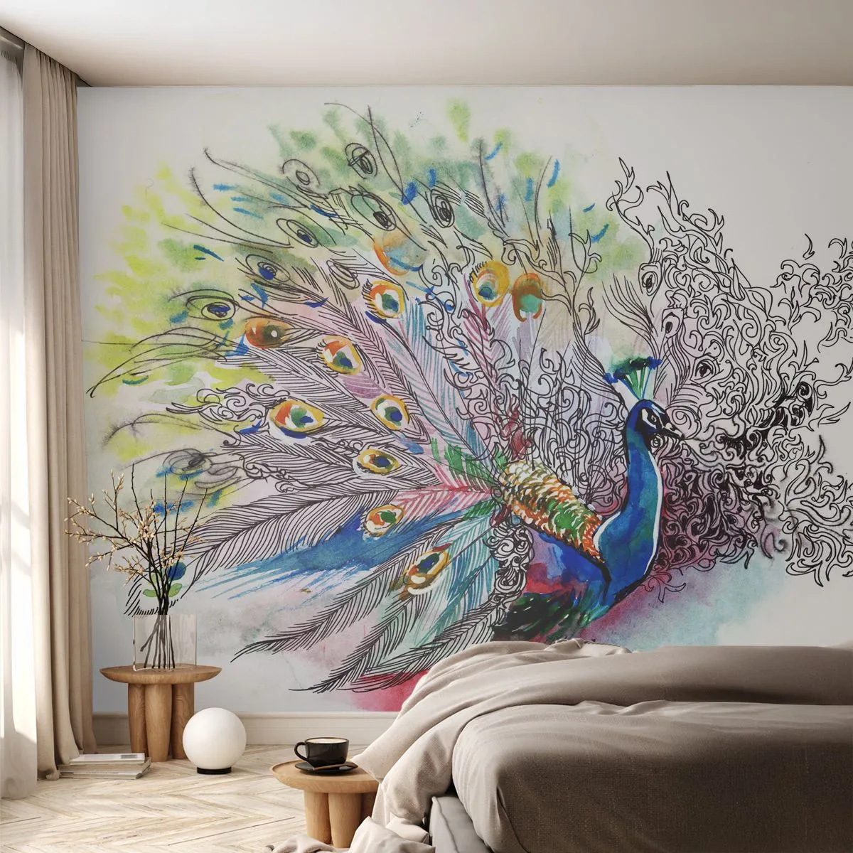 Tapet Standard Eco - Cu mândrie împotriva griului - Pasăre, Păun, pene - 400x280 cm