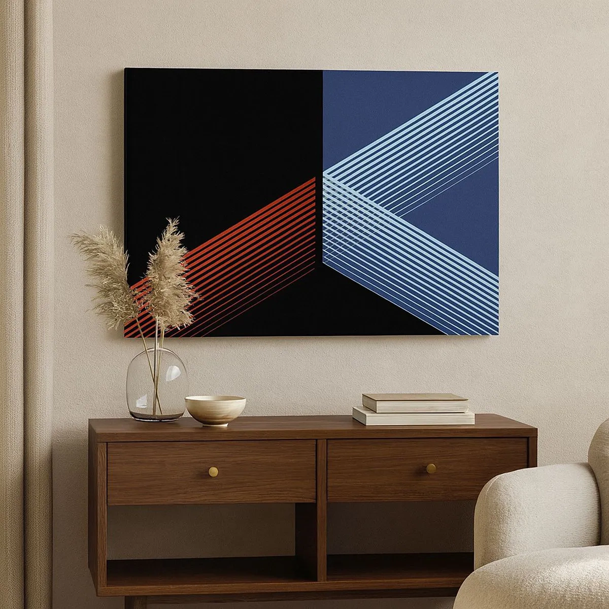 Tablou pe pânză Canvas - Linii geometrice în nuanțe de roșu și albastru - 70x50cm - O poveste simplă - Decorațiune modernă pentru perete pentru living și dormitor ARTTOR