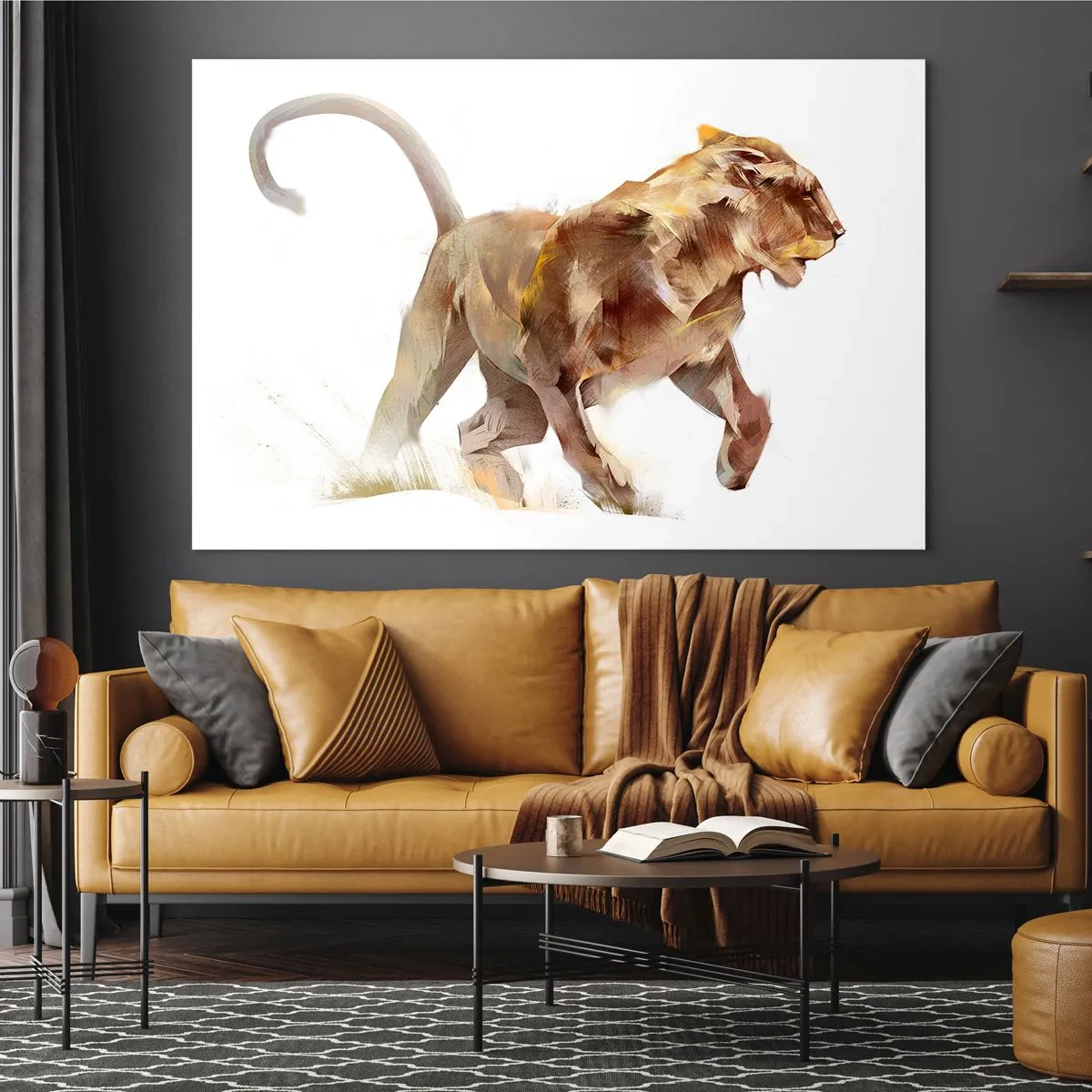 Tablou pe sticlă - Siluetă dinamică a unui leu într-un stil artistic pe un fundal alb - 70x50cm - Harul sălbatic - Decorațiune modernă pentru perete pentru living și dormitor ARTTOR