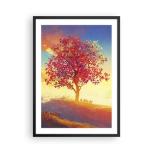 Poster în ramă neagră - Un copac cu frunze roșii pe fundalul soarelui care apune - 50x70cm - Pelerin la destinație - Decorațiune modernă pentru perete pentru living și dormitor ARTTOR