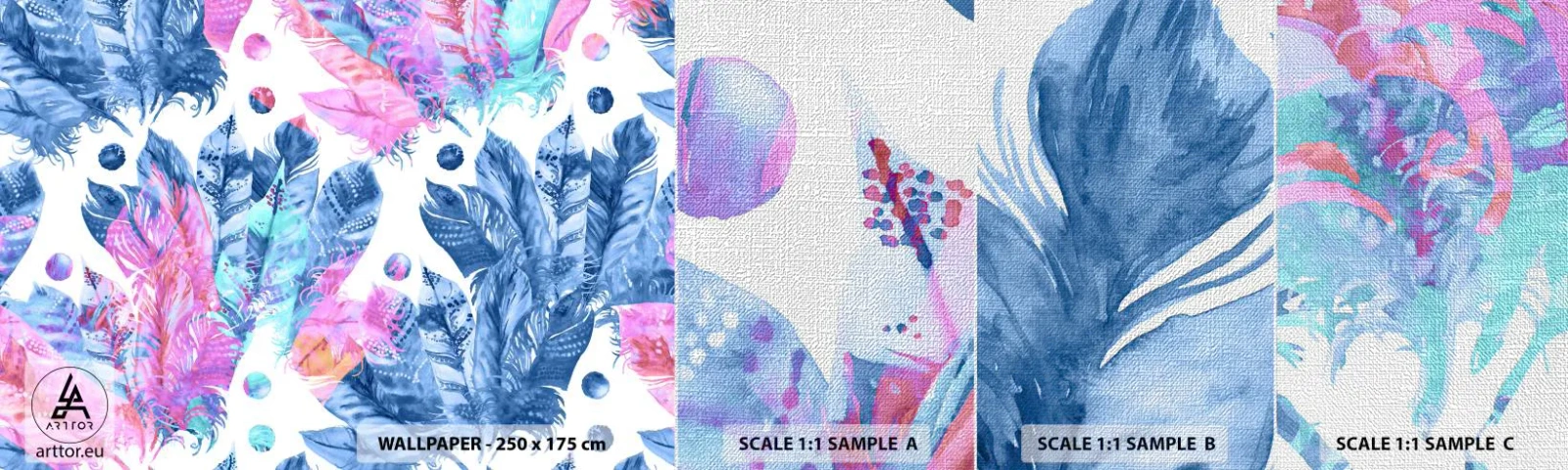 Mostră tapet Premium Canvas - Pene în alb și albastru - Pene de pasăre, Ilustrație colorată, Grafică - 100x30 cm