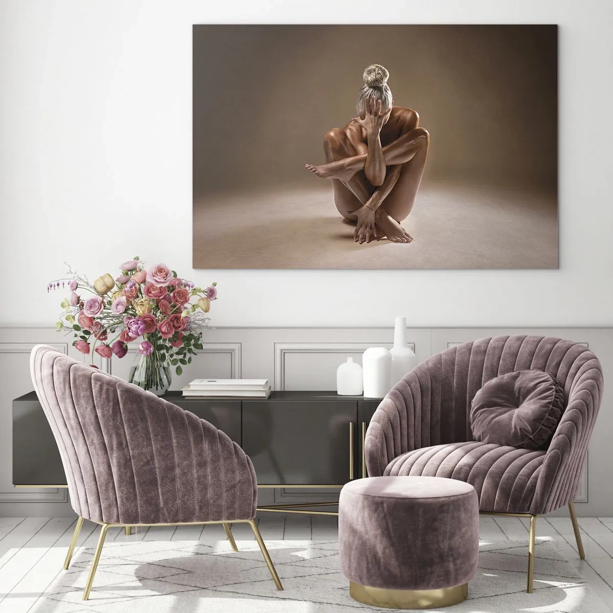 Tablou pe sticlă - O femeie senzuală într-o poză artistică pe un fundal umbros. - 70x50cm - Unitatea trupului și a spiritului - Decorațiune modernă pentru perete pentru living și dormitor ARTTOR