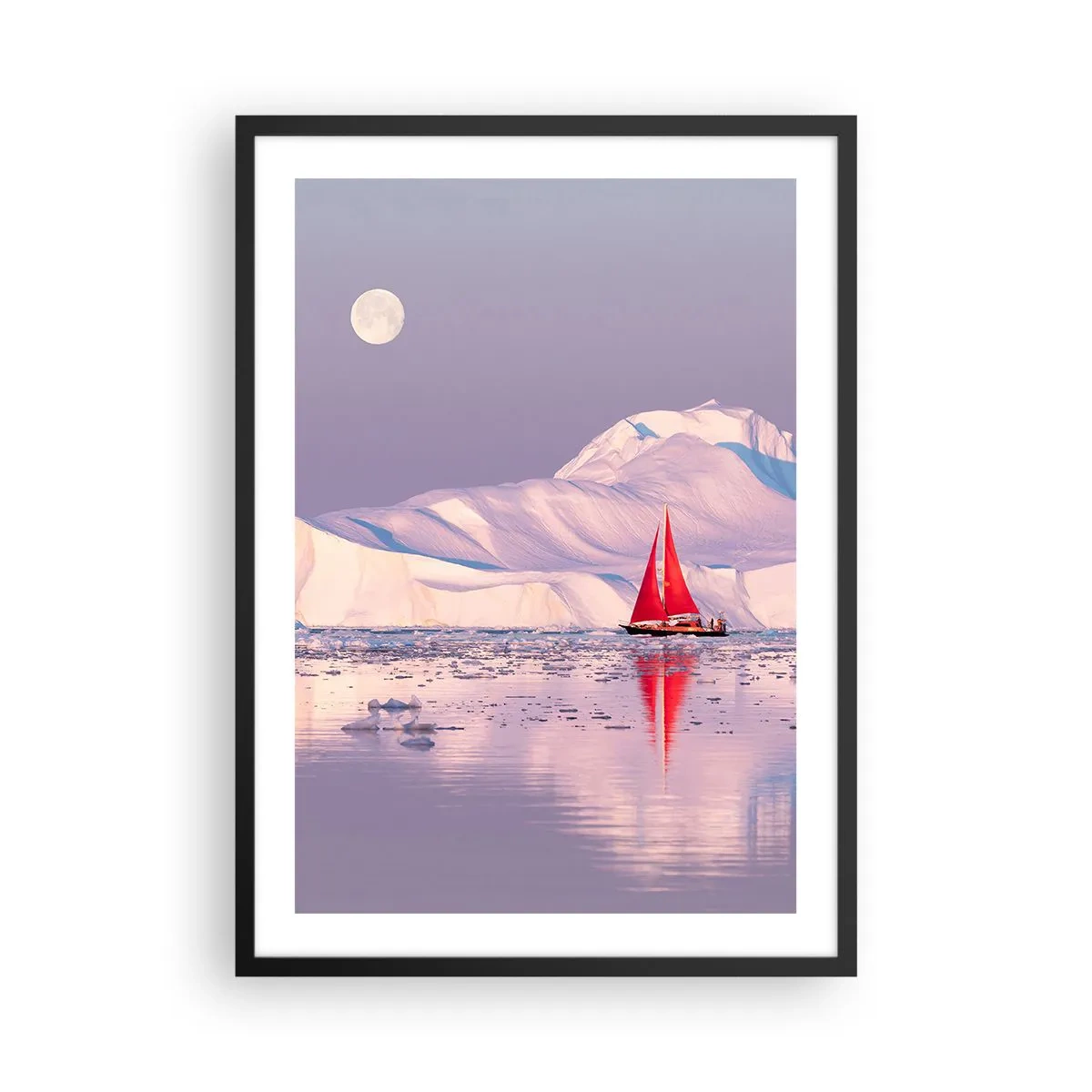 Poster în ramă neagră - O velă roșie pe fundalul aisbergurilor sub lună plină - 50x70cm - Căldura pânzei, frigul gheții - Decorațiune modernă pentru perete pentru living și dormitor ARTTOR