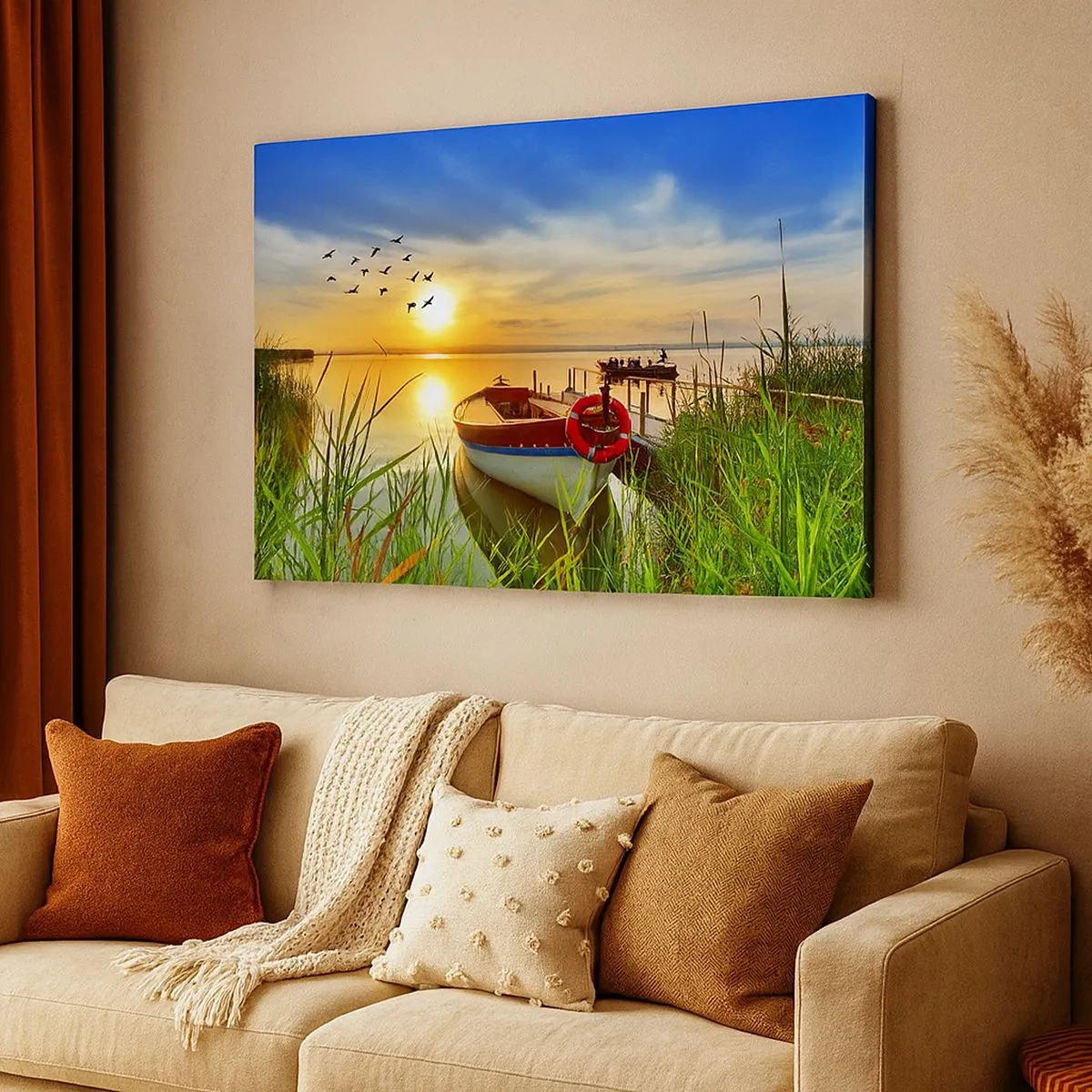 Tablou pe pânză Canvas - O barcă pe malul unui lac la apus - 70x50cm - Cormoranii pleacă deja - Decorațiune modernă pentru perete pentru living și dormitor ARTTOR