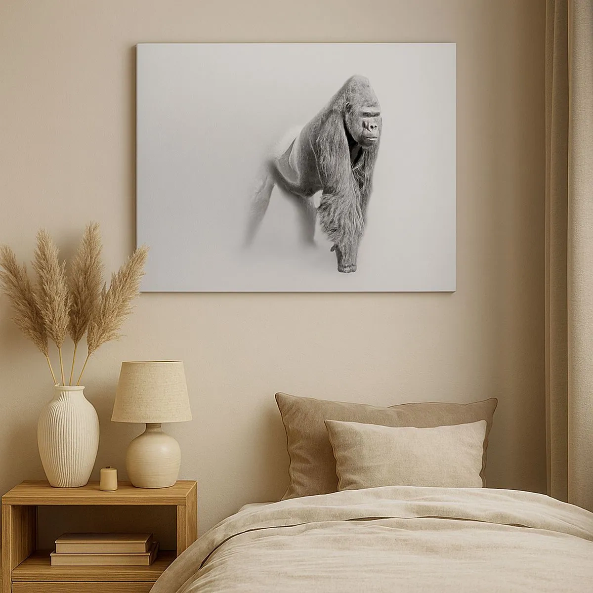 Tablou pe pânză Canvas - Gorilă în tonuri monocrome pe fundal alb - 70x50cm - Încrezător în puterea lui - Decorațiune modernă pentru perete pentru living și dormitor ARTTOR