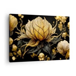 Tablou pe pânză Canvas - Floare aurie pe un fundal întunecat - 70x50cm - Fragilitate subtilă - Decorațiune modernă pentru perete pentru living și dormitor ARTTOR