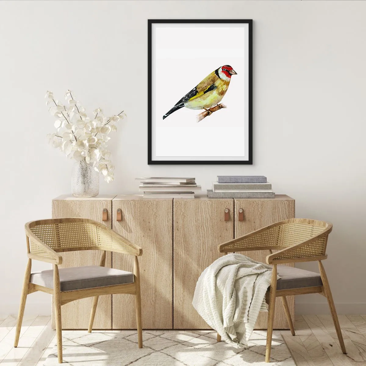 Poster în ramă neagră - Cintezele pe o creangă în stil acuarelă - 50x70cm - Portret de pasăre - Decorațiune modernă pentru perete pentru living și dormitor ARTTOR