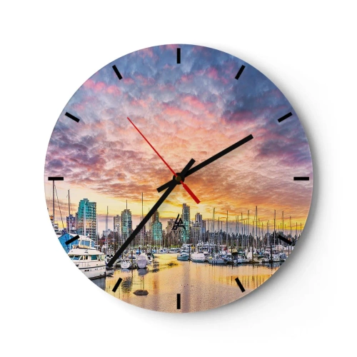 Ceas de perete - Ceas pe sticlă - Marina cu bărci și zgârie-nori în fundal la apus - 30x30cm - Orașul celor o mie de marinari - Decorațiune modernă pentru perete pentru living, bucătărie și dormitor ARTTOR