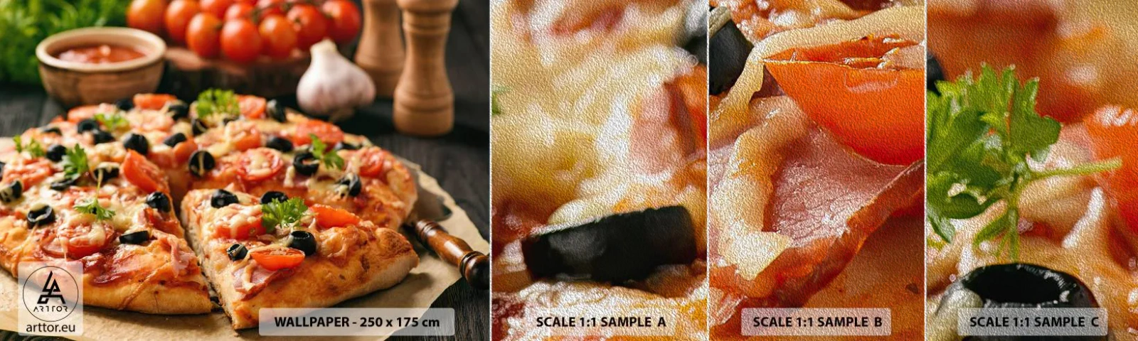 Mostră tapet Premium Sand - Ai scăpat din nou - Gastronomie, Pizza, Roșie - 100x30 cm