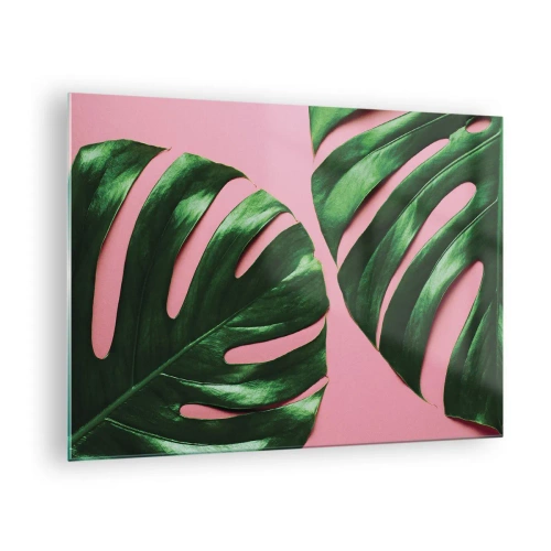 Tablou pe sticlă - Frunze verzi de monstera pe fundal roz - 70x50cm - Întâlnire verde - Decorațiune modernă pentru perete pentru living și dormitor ARTTOR