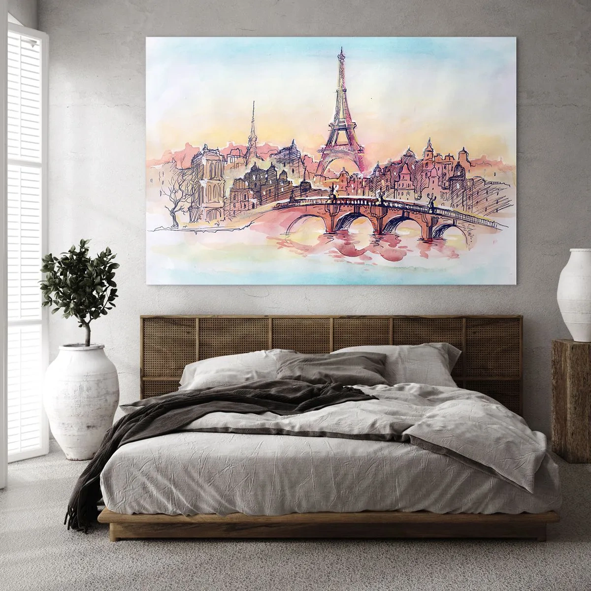 Tablou pe sticlă - O panoramă a Parisului cu Turnul Eiffel într-un stil delicat de acuarelă - 70x50cm - Singurul oraș de acest fel din lume - Decorațiune modernă pentru perete pentru living și dormitor ARTTOR