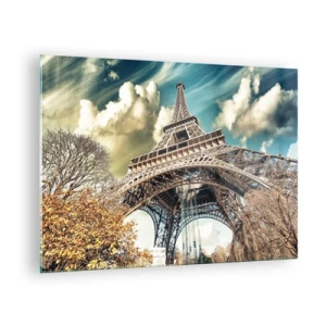Tablou pe sticlă - Turnul Eiffel într-un peisaj de toamnă pe fundalul unui cer dinamic - 70x50cm - Și la Paris, în toamna anului .... - Decorațiune modernă pentru perete pentru living și dormitor ARTTOR