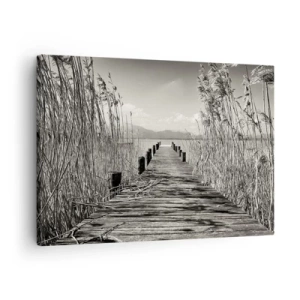 Tablou pe pânză Canvas - Un debarcader din lemn printre ierburi înalte deasupra unui lac în tonuri sepia - 70x50cm - În intimitatea ierburilor - Decorațiune modernă pentru perete pentru living și dormitor ARTTOR