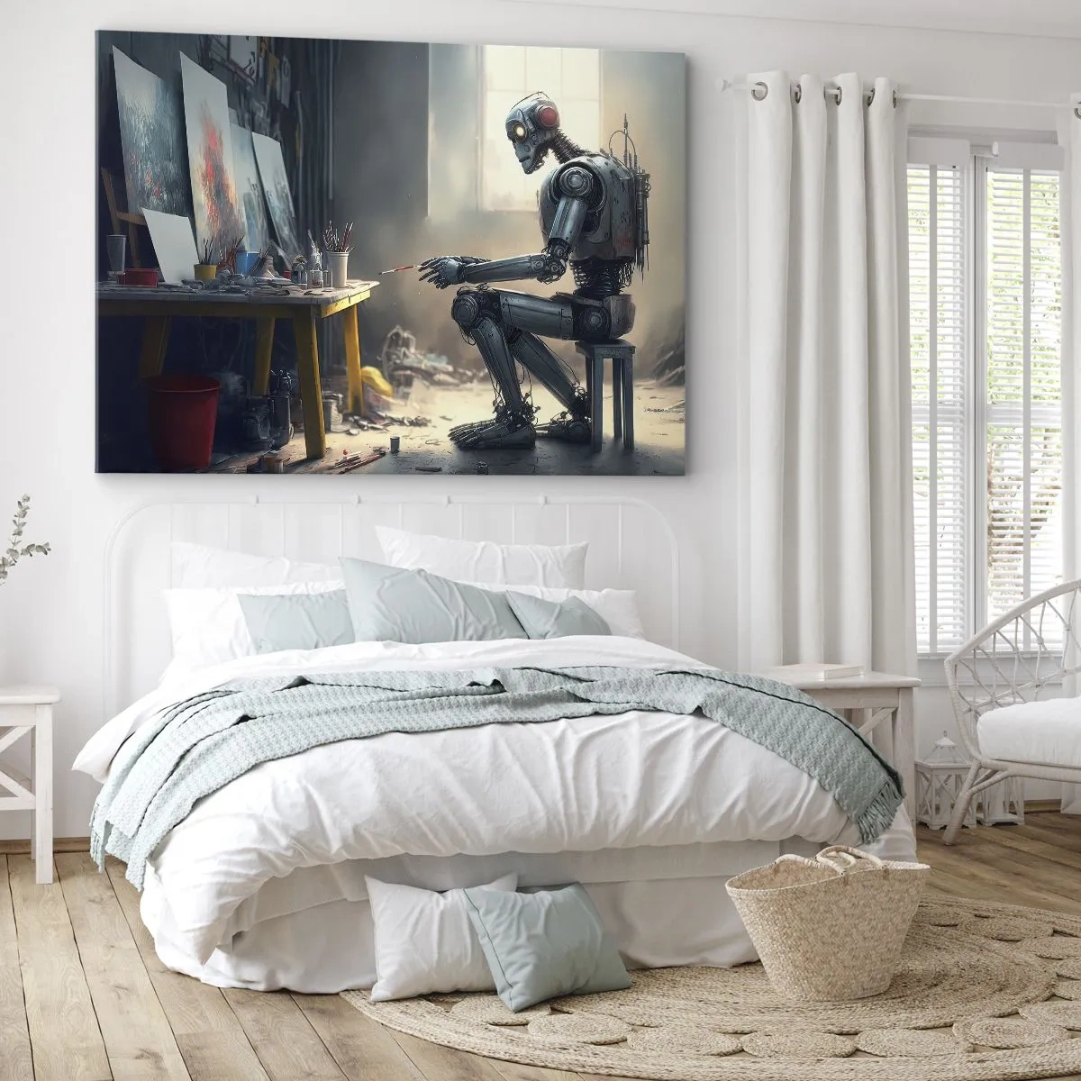 Tablou pe pânză Canvas - Un robot pictează un tablou într-un studio de artă - 70x50cm - Actul de creație - Decorațiune modernă pentru perete pentru living și dormitor ARTTOR