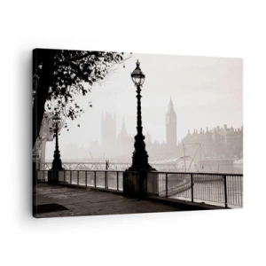 Tablou pe pânză Canvas - O vedere monocromatică a Big Ben și a Tamisei. - 70x50cm - Londra de dimineața - Decorațiune modernă pentru perete pentru living și dormitor ARTTOR