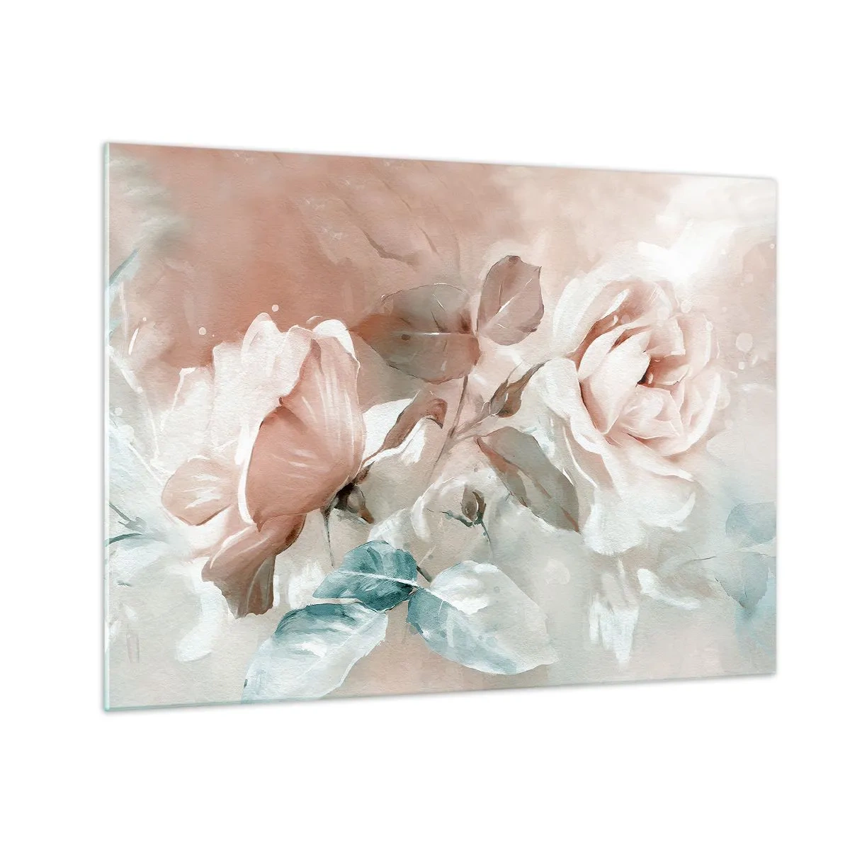 Tablou pe sticlă - Trandafiri delicați în acuarelă pastelată pe un fundal deschis - 70x50cm - Spiritul romantismului - Decorațiune modernă pentru perete pentru living și dormitor ARTTOR