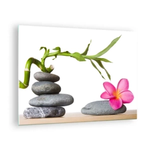 Tablou pe sticlă - Bambus, floare roz și pietre pe fundal alb - 70x50cm - Culorile vieții și ale existenței - Decorațiune modernă pentru perete pentru living și dormitor ARTTOR