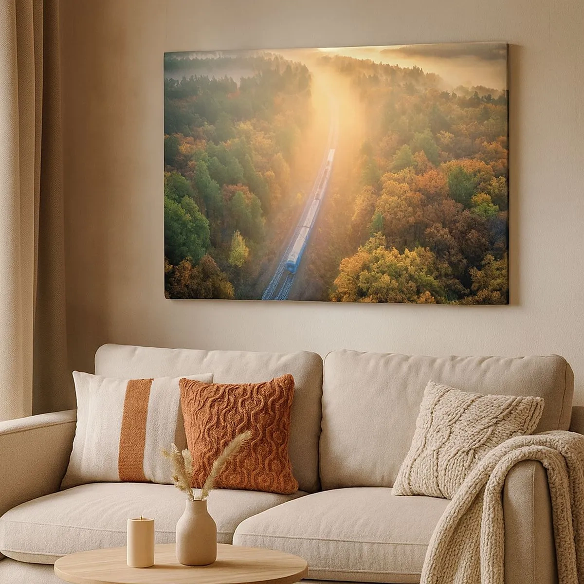 Tablou pe pânză Canvas - Un tren într-o pădure de toamnă în zori - 70x50cm - Călătorie de toamnă - Decorațiune modernă pentru perete pentru living și dormitor ARTTOR