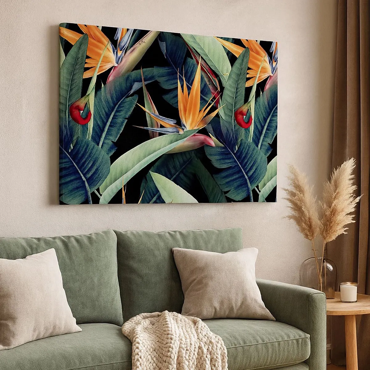 Tablou pe pânză Canvas - Flori și frunze tropicale pe fundal negru - 70x50cm - Florile de flacără ale tropicelor - Decorațiune modernă pentru perete pentru living și dormitor ARTTOR