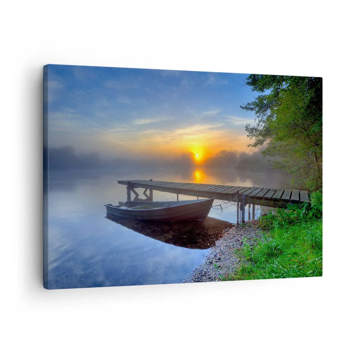 Tablou pe pânză Canvas - Un debarcader pe malul lacului la răsăritul soarelui, cu o barcă la țărm - 70x50cm - Cum se transformă obișnuitul în magic - Decorațiune modernă pentru perete pentru living și dormitor ARTTOR