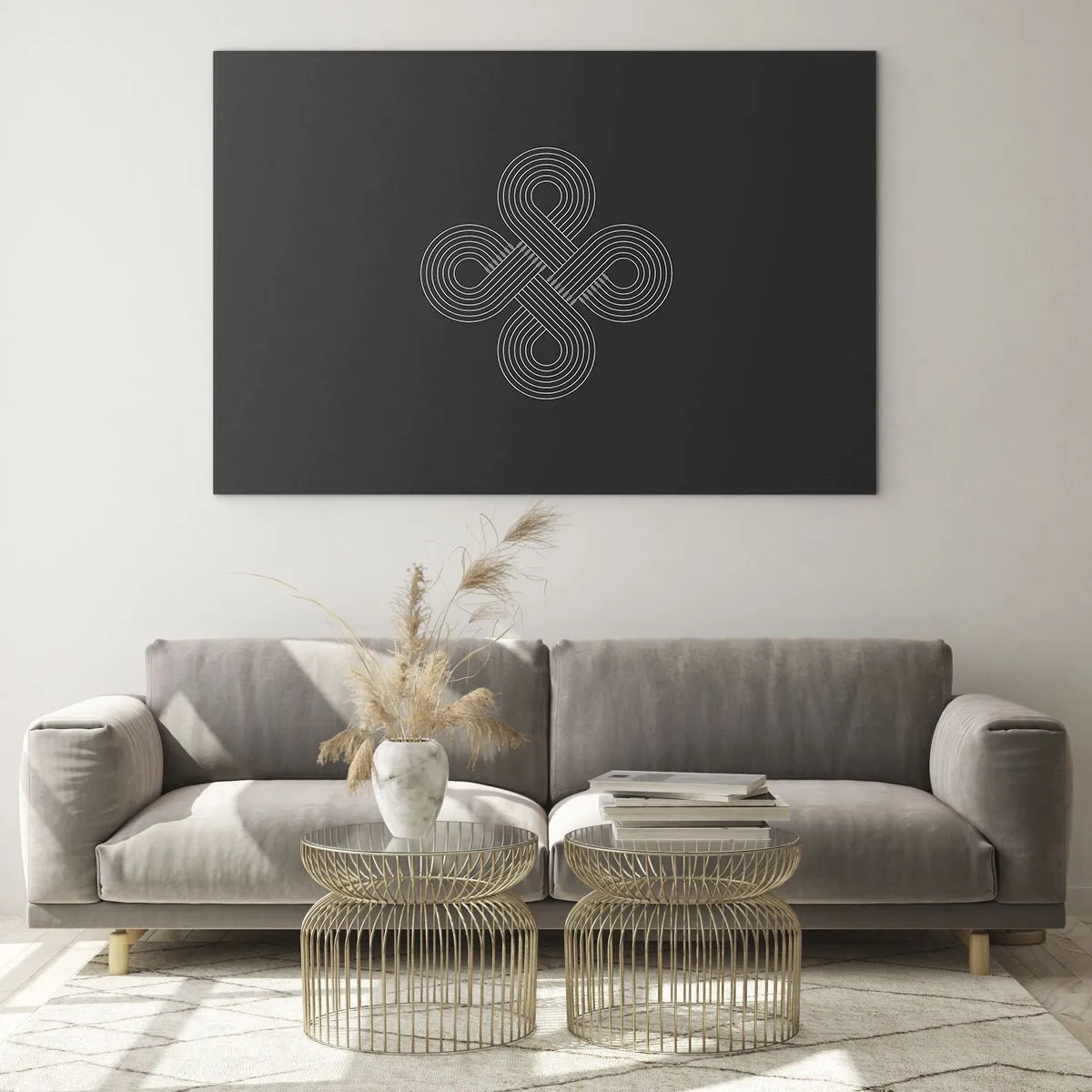 Tablou pe sticlă - Simbol celtic alb minimalist pe fundal negru - 70x50cm - În spirit celtic - Decorațiune modernă pentru perete pentru living și dormitor ARTTOR