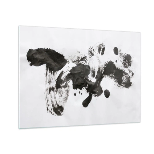 Tablou pe sticlă - Puncte negre abstracte și tușe de pensulă pe fundal alb - 70x50cm - Metodă în nebunie? - Decorațiune modernă pentru perete pentru living și dormitor ARTTOR