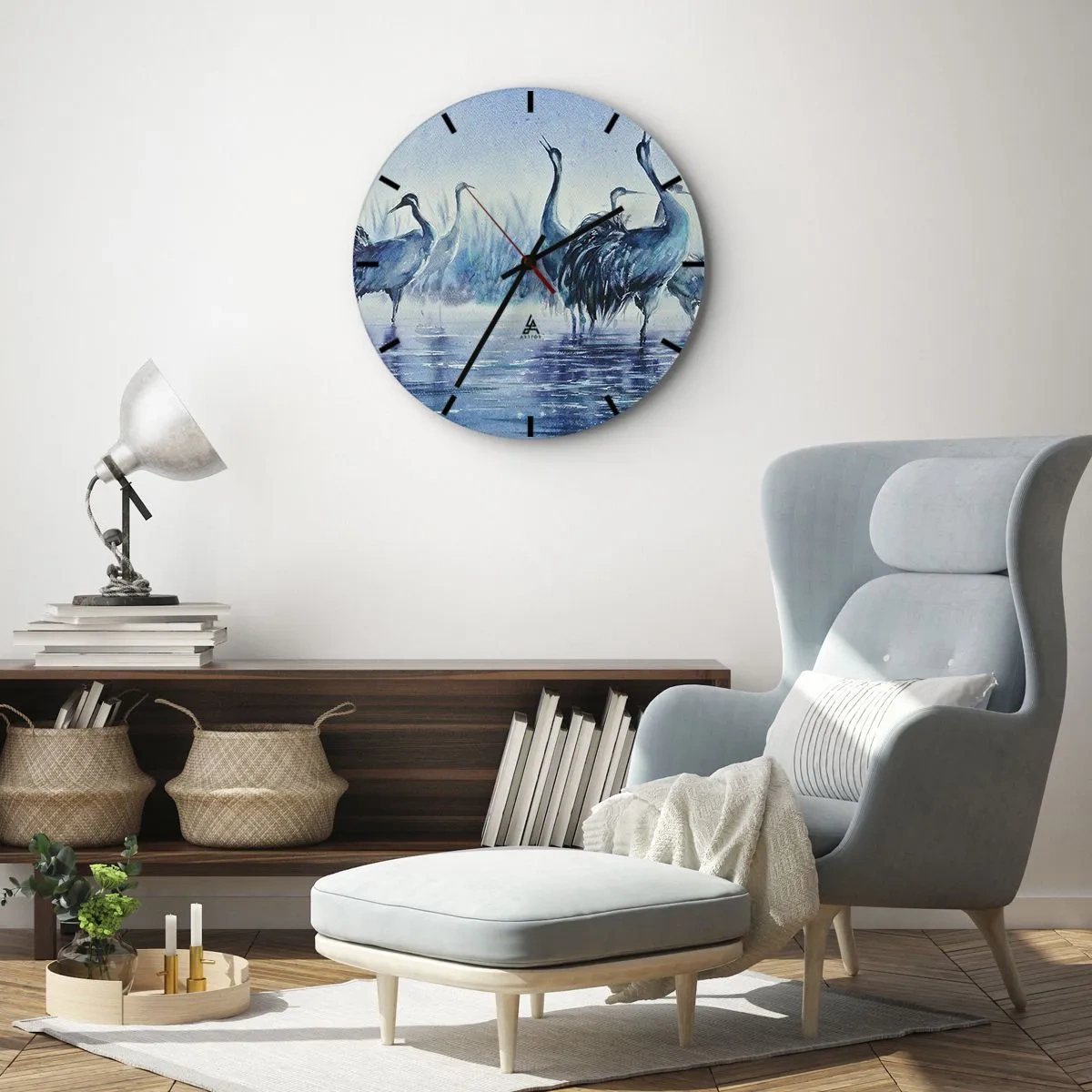 Ceas de perete - Ceas pe sticlă - Pictură în acuarelă cu păsări de apă - 30x30cm - Întâlnirea de dimineață - Decorațiune modernă pentru perete pentru living, bucătărie și dormitor ARTTOR