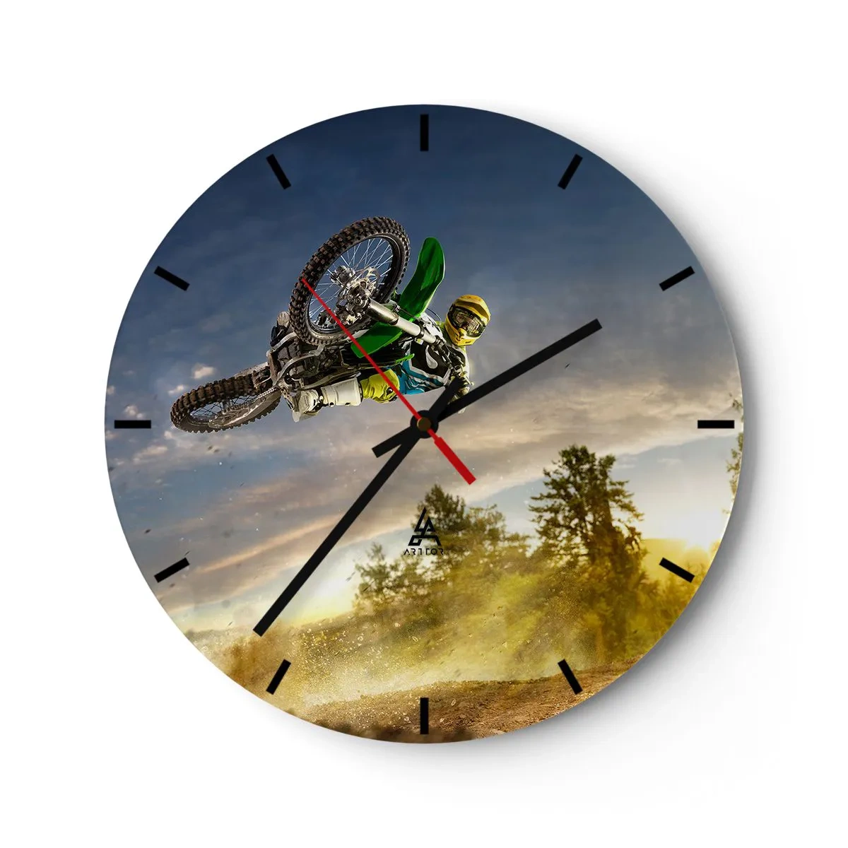 Ceas de perete - Ceas pe sticlă - Motocross pe fundalul apusului de soare - 30x30cm - Porniți emoțiile! - Decorațiune modernă pentru perete pentru living, bucătărie și dormitor ARTTOR