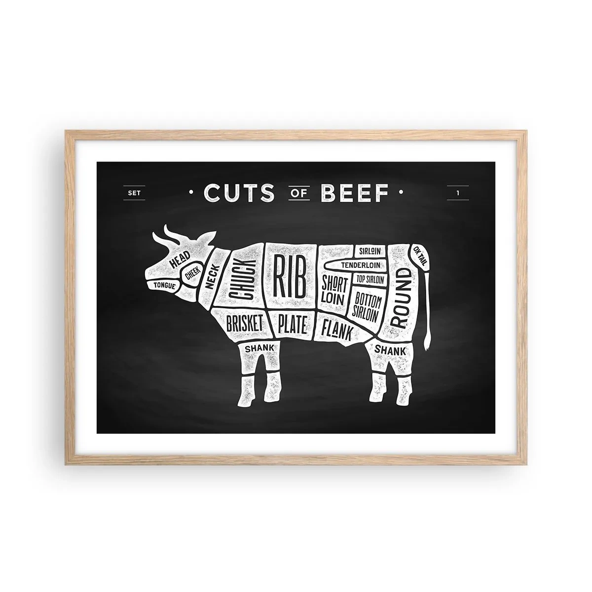 Poster în ramă de stejar deschis - Abecedar de măcelar - 70x50 cm
