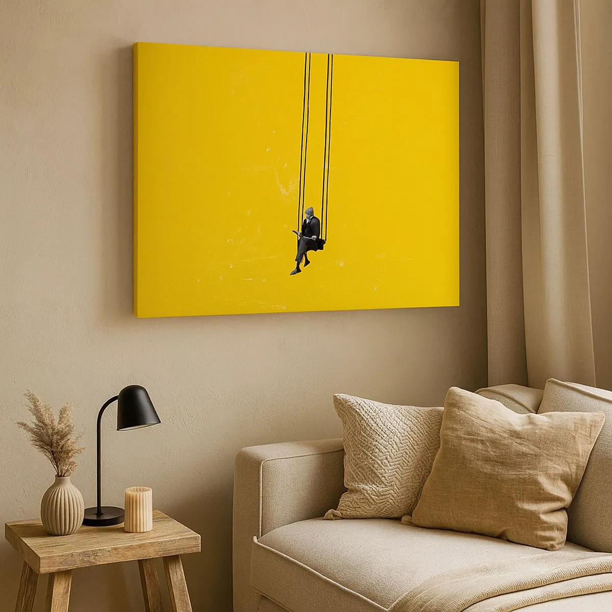 Tablou pe pânză Canvas - O persoană pe un leagăn pe un fundal galben intens - 70x50cm - O zi ca oricare alta - Decorațiune modernă pentru perete pentru living și dormitor ARTTOR