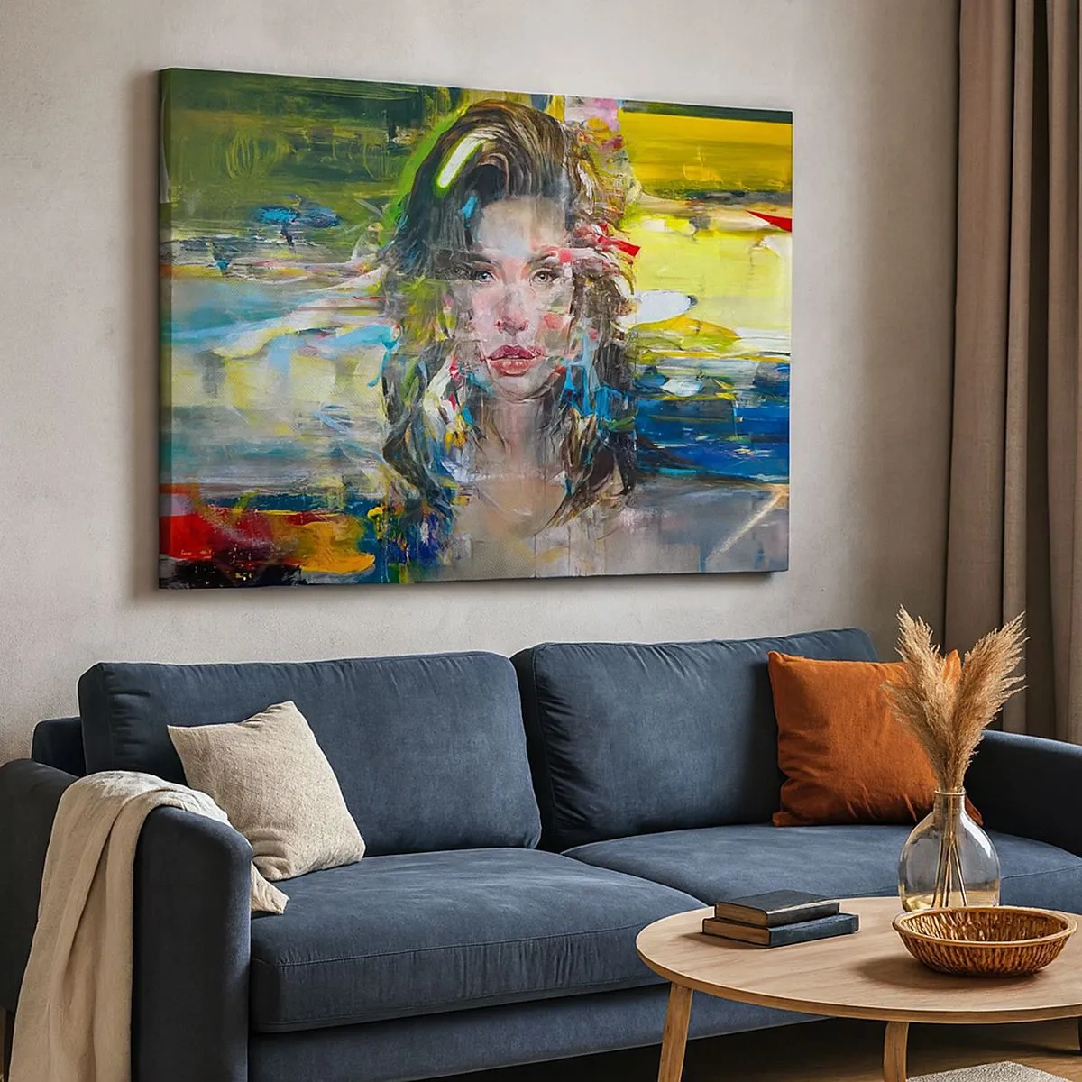 Tablou pe pânză Canvas - Portret abstract al unei femei în culori intense - 70x50cm - În spatele cortinei de aer - Decorațiune modernă pentru perete pentru living și dormitor ARTTOR