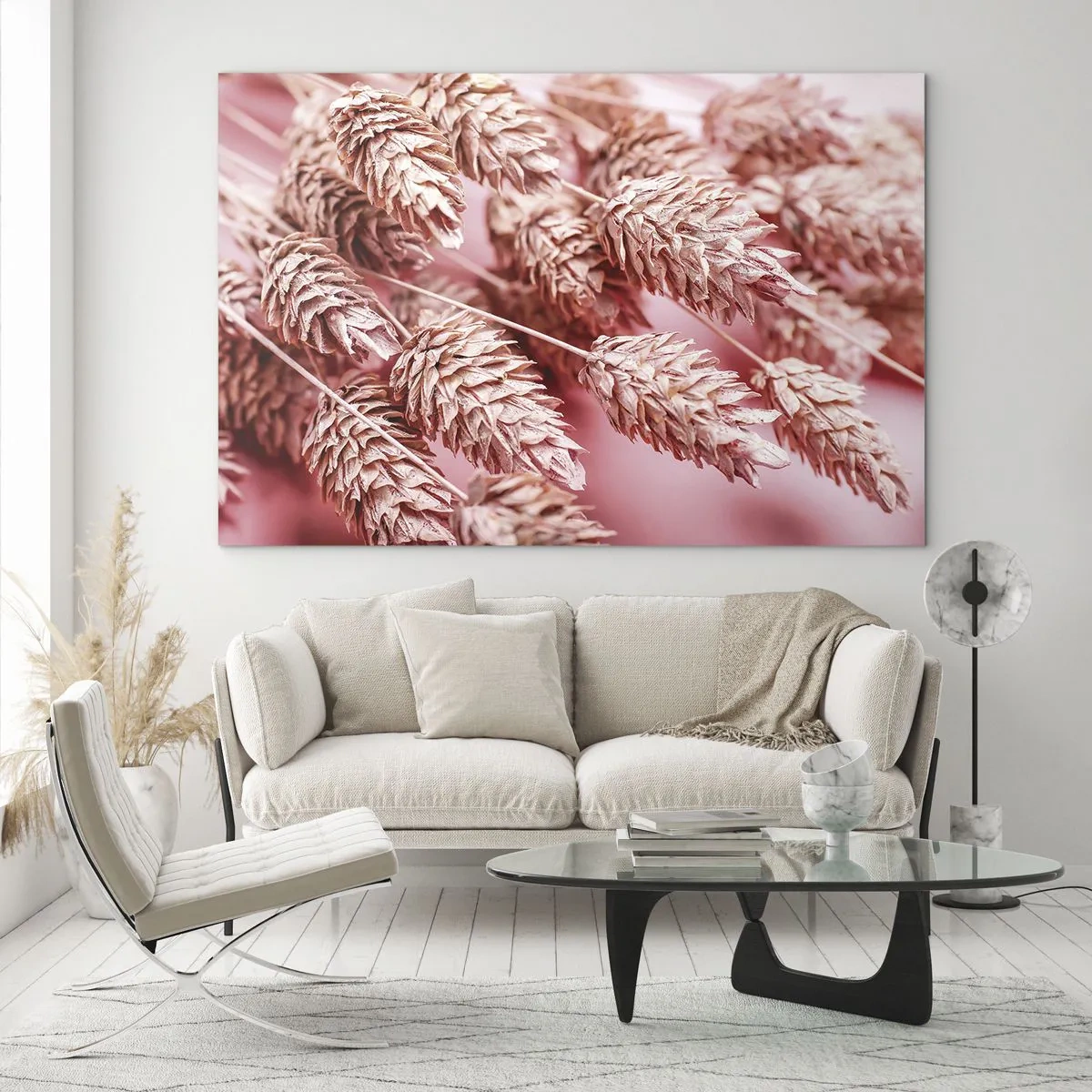 Tablou pe sticlă - Șuvițe de porumb uscate în nuanțe de roz pe un fundal pastel - 70x50cm - Cascadă florală în roz - Decorațiune modernă pentru perete pentru living și dormitor ARTTOR