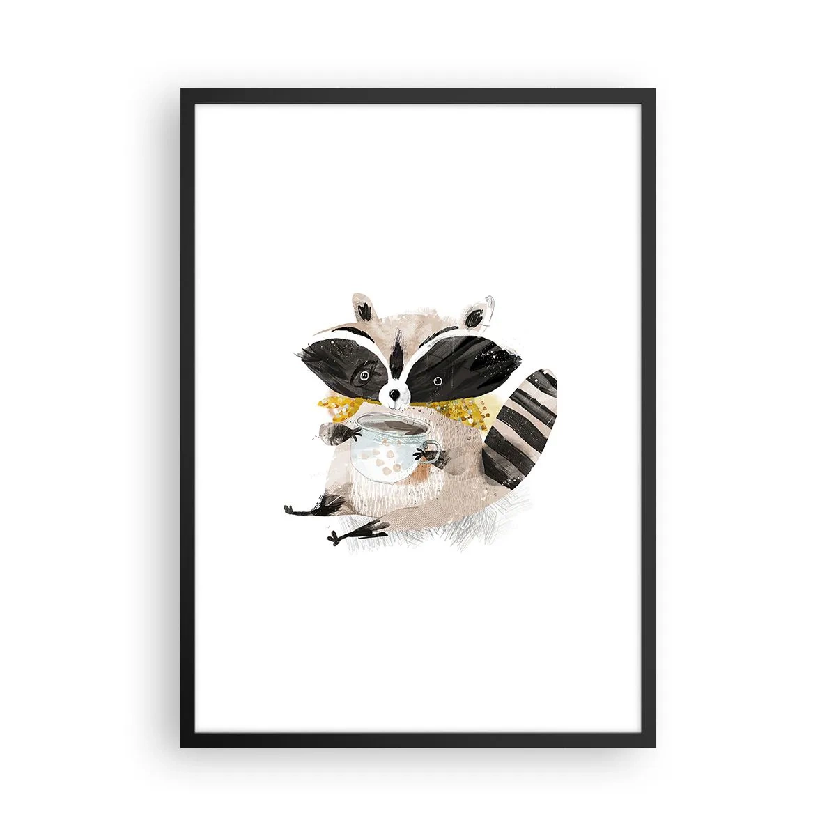 Poster în ramă neagră - Un desen cu un raton purtând o eșarfă și ținând o ceașcă de ceai. - 50x70cm - Prietenul meu ratonul - Decorațiune modernă pentru perete pentru living și dormitor ARTTOR