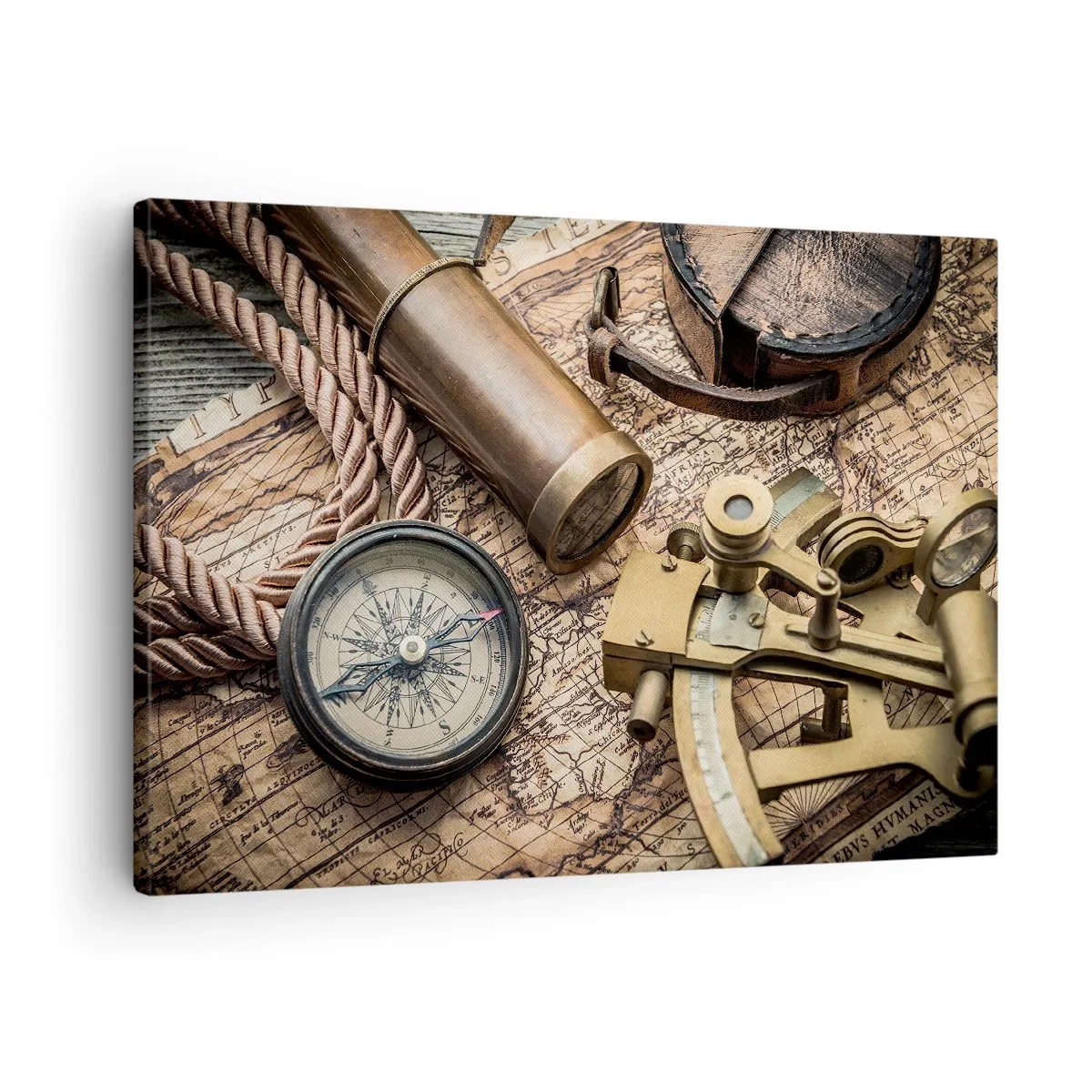 Tablou pe pânză Canvas - O busolă, un sextant și un telescop pe fundalul unei hărți vechi și al unei frânghii nautice. - 70x50cm - Stabilește cursul - Decorațiune modernă pentru perete pentru living și dormitor ARTTOR